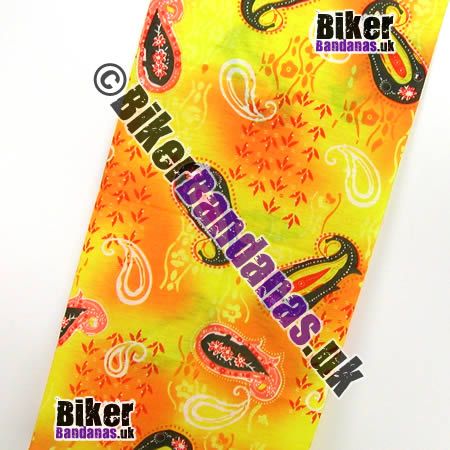 Fabric view of Yellow and Orange Paisley Flower Multifunctional Headwear / Neck Tube Bandana / Neck Warmer
