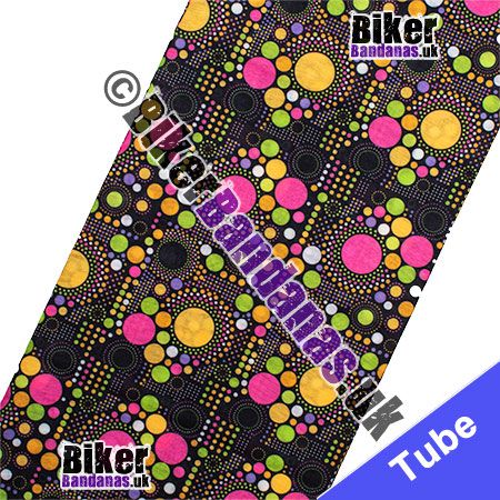 Fabric view of Black with Blocks of Assorted Multicolour Circles Multifunctional Headwear / Neck Tube Bandana / Neck Warmer