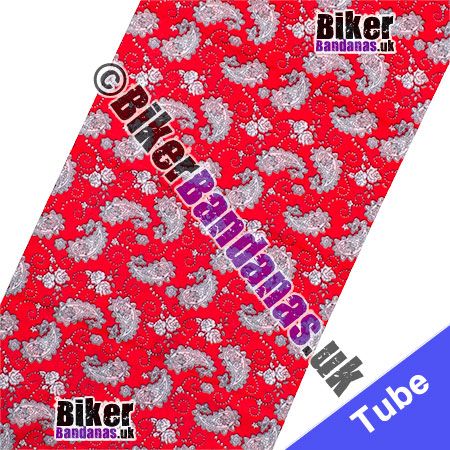 Fabric view of Red and Grey Paisley Print Multifunctional Headwear / Neck Tube Bandana / Neck Warmer