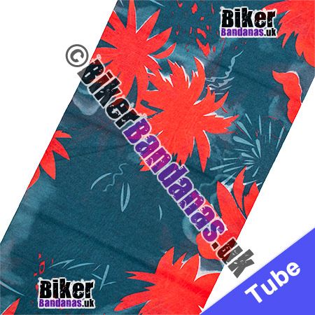 Fabric view of Red on Petrol Blue Floral Flower Multifunctional Headwear / Neck Tube Bandana / Neck Warmer
