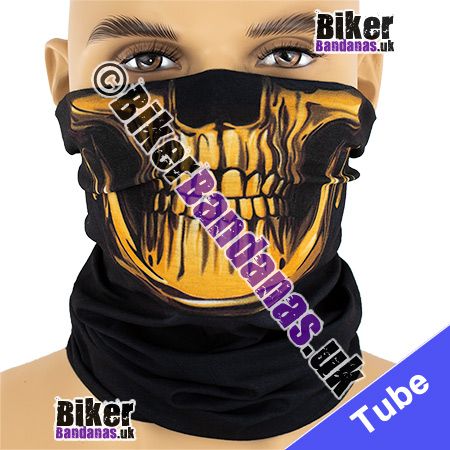 Gold Skull Jaw Face on Black Neck Tube Bandana / Multifunctional Headwear / Neck Warmer