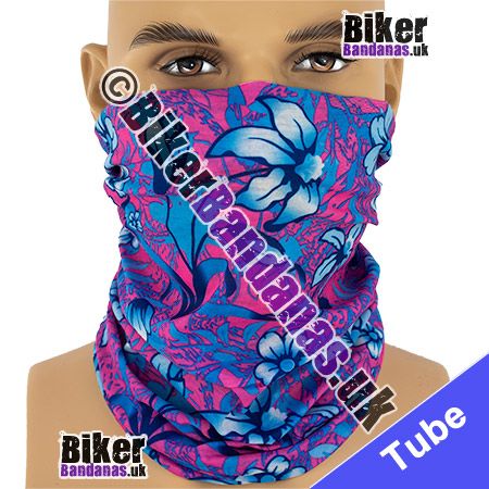 Blue Airbrushed Flowers on Pink Neck Tube Bandana / Multifunctional Headwear / Neck Warmer