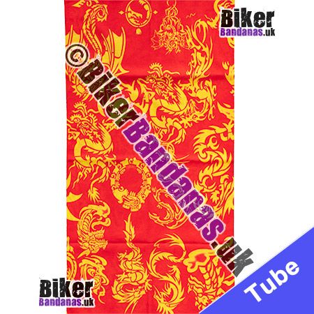 Fabric view of Yellow Chinese Dragons on Red Multifunctional Headwear / Neck Tube Bandana / Neck Warmer