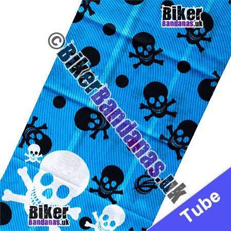 Fabric view of Blue Twill Print with Black and White Skull and Bones Multifunctional Headwear / Neck Tube Bandana / Neck Warmer