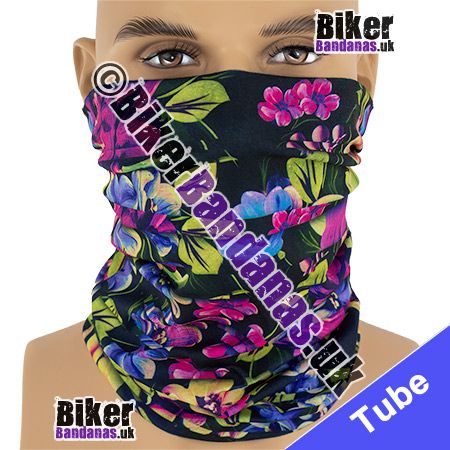 Vibrant Flowers on Black Neck Tube / Multifunctional Headwear / Neck Warmer