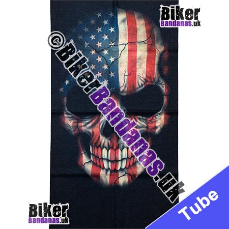 Fabric view of Stars and Stripes Flag on Skull Face Multifunctional Headwear / Neck Tube Bandana / Neck Warmer