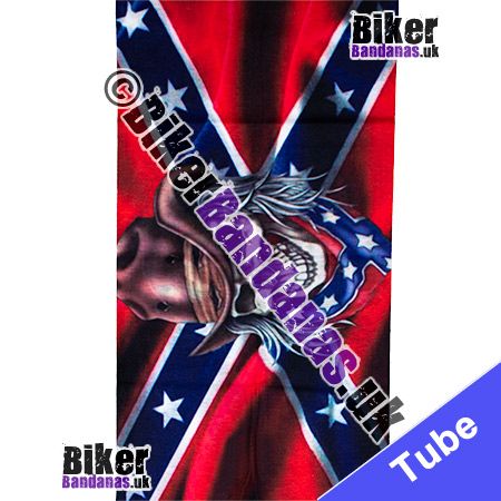 Fabric view of Confederate Flag behind Skull wearing gun shot Stetson Multifunctional Headwear / Neck Tube Bandana / Neck Warmer