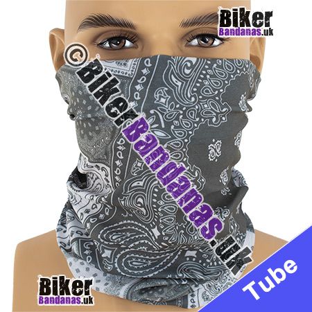 Grey and White Paisley Squares Neck Tube / Multifunctional Headwear / Neck Warmer
