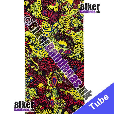 Fabric view of Red and Yellow Sea Life on Black Multifunctional Headwear / Neck Tube Bandana / Neck Warmer